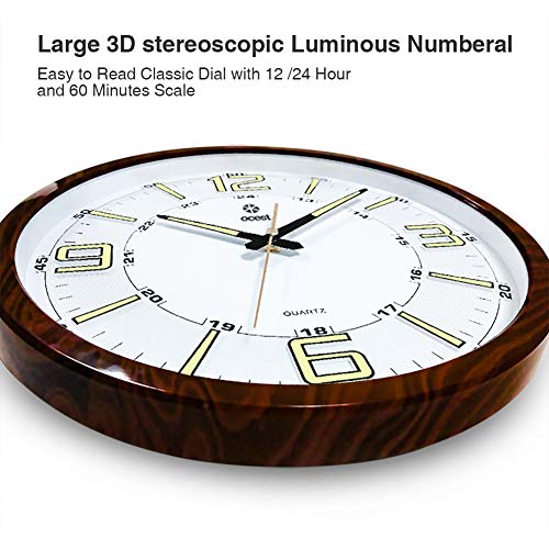 OCEST Night Light Wall Clocks, 14 Inches Silent Non-Ticking Large Display Battery Operated 12/24 Hour Quality Quartz Decorative Clock for Kitchen Bedroom Office School (Wood Grain)