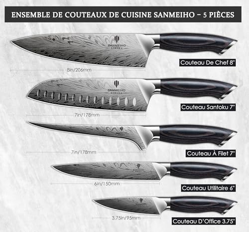SANMEIHO Professional Kitchen Knife Set 5 Pieces, Japanese Powder Steel 63 HRC, Ultra Sharp Kitchen Knife Set 12°, Natural Wood Handle