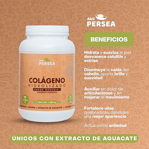 A&G PERSEA - Dúo Colágeno Hidrolizado en polvo con Extracto de Aguacate - 1 Sabor Arándano + 1 Naranja 1.2 kg c/u | Con Ácido Hialurónico, Vitaminas y Minerales | Fórmula Completa Sin Azúcar (Arandano / Naranja)