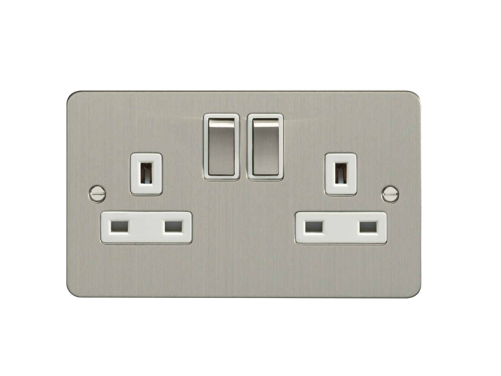 Eurolite 2 Gang 13Amp DP Switched Socket Enhance Flat Satin Stainless Steel Plate Matching Rockers White Trim