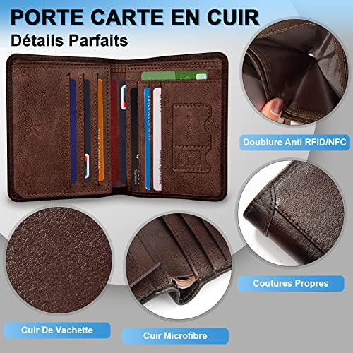 Portefeuille Homme, Kaisangtu Porte Carte De Credit en Cuir Véritable Anti RFID/NFC 11 Emplacements pour Carte Crédit, 2 Compartiment à Billets Support de Carte d\'identité avec Boîte Cadeau (Marron)