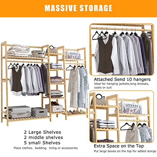Strong Bamboo Clothing Garment Rack, Double Rod Hanging Clothes Rack Heavy Duty, FreeStanding