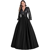 Long Sleeve Prom Dress with Pockets for Women Sequin Satin Mother of Bride Dresses V Neck Formal Evening Gown