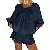 Sotimoon Womens 2 Piece Sets Puff Long Sleeve Square Neck Top and Ruffle Shorts Cotton Pajamas Set