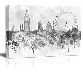 Black and White Big Ben and The London Eye with Watercolor Splotches - Canvas Art Home Art - 12x18 inches