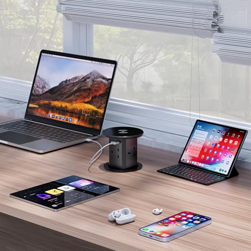 LBOYLOVE® 7-in-1 Pop up Socket – Automatic Power Outlet with 15W Wireless Charger, 4 AC Outlets, 1 USB-A & 1 USB-C for Kitchen Worktops & Desk Countertops