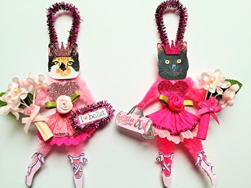 Calico &amp; Black CAT BALLERINA ORNAMENTS Ballet Vintage Style Chenille Ornaments Set of 2