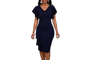 BDWINZ Summer Church Dress for Women V Neck Ruffle Short Sleeve Bodycon Cocktail Work Midi Dresses