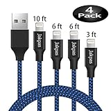 Jakpas Phone Cable, 4Pack 3FT 6FT 6FT 10FT Phone Charger to USB Syncing Charging Cable Data Nylon Braided Cord Compatible for Phone Xs/XS Max/XR/X/8/8 Plus/7/7Plus/6/6Plus/6s/6sPlus More (Black&Blue)