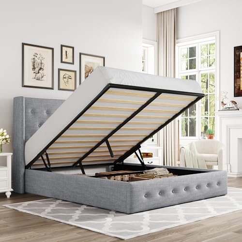 Allewie Queen Size Lift Up Storage Button-Tufted Bed Frame Light Grey