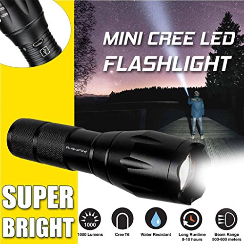 Perman Reipufire 1000 Lumens Pocket Flashlight T6 Zoomable USB Charge Lamp Hand Torch 18650 Battery (Black)
