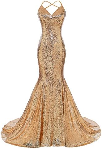DYS Women's Sequins Mermaid Prom Dress Spaghetti Straps V Neck Backless Gowns