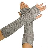 Eforcase Women Lady Girl Knitted Crochet Long Soft gloves Winter Warmer Braided Arm Fingerless Gloves Stretchy Wamer Knitting Thumb Hole Gloves Mittens Winter Hand Warmer Great gift for Xmas(Light Grey)