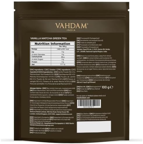 Poudre de Matcha à la Vanille 100g-50 Tasses | Matcha Uji & Vanille de Madagascar | 100% Naturel | Thé Vert Japonais Premium | Pour Latte & Thé
