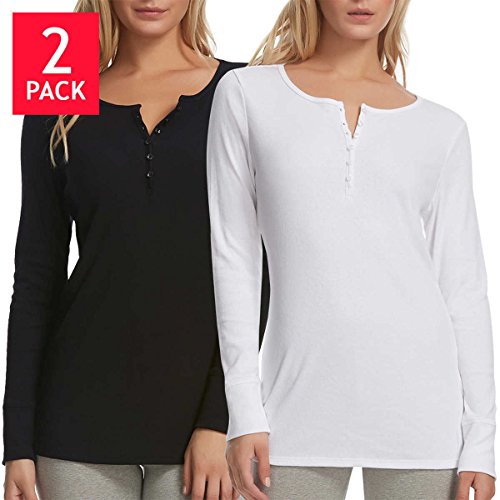 Felina 2 Pack Women's Long Sleeve Rib Knit Henley Tee Black White Size M