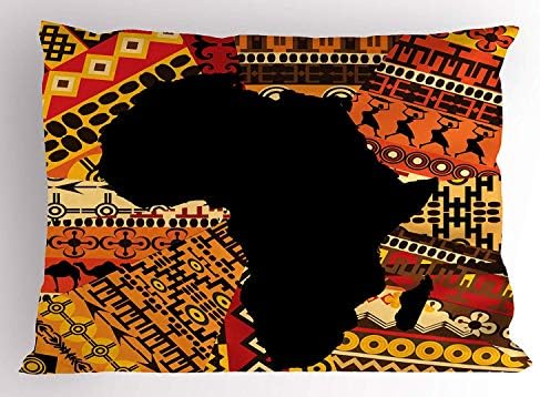 K0k2t0 African Pillow Sham, Abstract Artistic Style Africa Map on Ethnic Carpet Background Illustration, Decorative Standard Queen Size Printed Pillowcase, 30 X 20 inches, Black and Orange