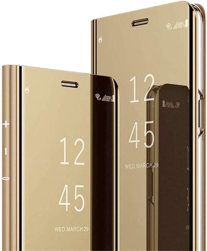 MRSTERUS Samsung Galaxy J7 Prime case Clear View Window Plating Stand Scratchproof Full Body Protective Flip Folio Ultra Slim Cover for Samsung Galaxy J7 Prime Mirror:Golden QH