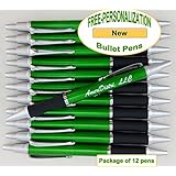ezpencils - Personalized - Elegant Tip and Click Silver Accents on Green Solid Color Body and Black Grip - Bullet Ballpoint Pens - 12 pkg FREE PERZONALIZATION