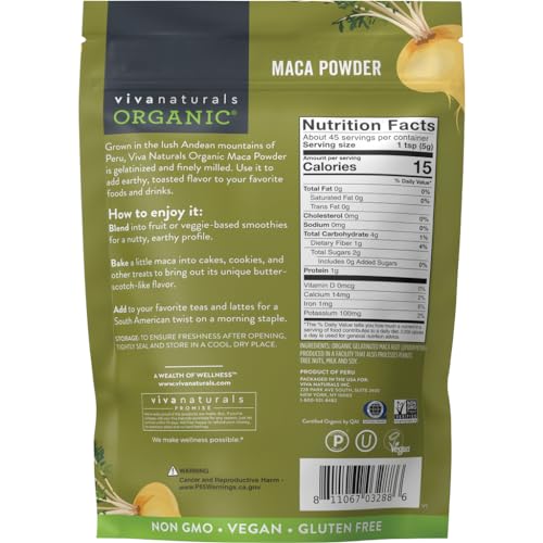 VIVA NATURALS ORGANIC MACA POWDER, GELATINIZED, 8 OZ – VEGAN, USDA ORGANIC, GLUTEN-FREE, NON-GMO PERUVIAN SUPERFOOD IN RESEALABLE BAG