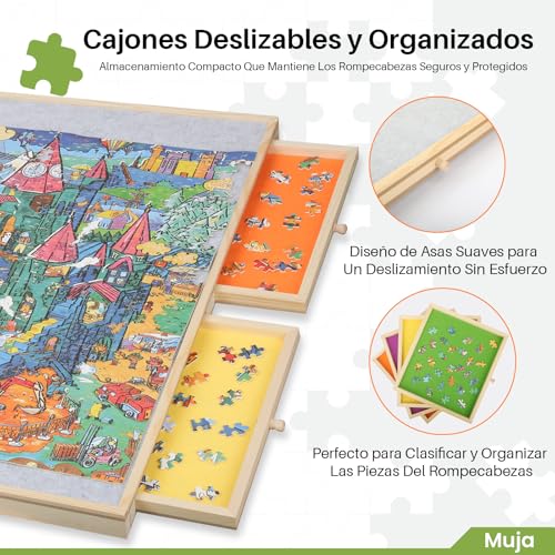 Muja Mesa para Rompecabezas de 1500 Piezas con 4 Cajones, 90x69cm Tablero para Rompecabezas con Cubierta Antipolvo Transparente, Inclinable y Giratorio