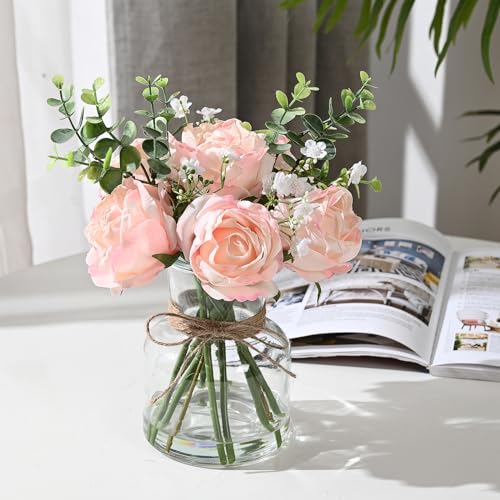 Photo 1 of Dolicer Artificial Flowers in Vase with Faux Water, 15'' Silk Roses and Eucalyptus with Fake Water in Glass Vase, Real Touch Roses Floral Arrangement for Table Centerpiece Wedding Home Decor (Pink)