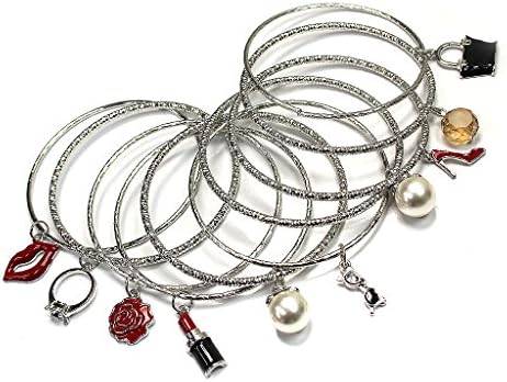 Aris Huge Stack Diamond Cut Charm Bangles Bundle: Bracelets & Bag (Silver-tone Fashion Theme)
