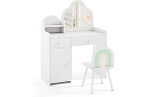 HONEY JOY Kids Vanity, Cloud Shape Wooden Girls Vanity Set with Mirror and Stool, Drawers, Storage Cabinet, Toddler Makeup Desk Dressing Table, Pretend Play Kids Vanity Table and Chair Set (White)