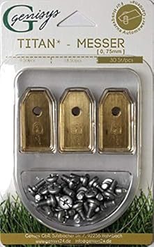 30x TITAN Ersatz Messer Klingen für Husqvarna Automower / Gardena Mähroboter (longlife | 0,75 mm | 3 g) + 30x ELOXIERTE Schra