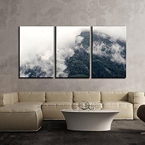 3 Piece Canvas Wall Art - Landscape of Mountain with Fog Surrounded - Modern Home Art Stretched and Framed Ready to Hang - 16"x24"x3 Panels