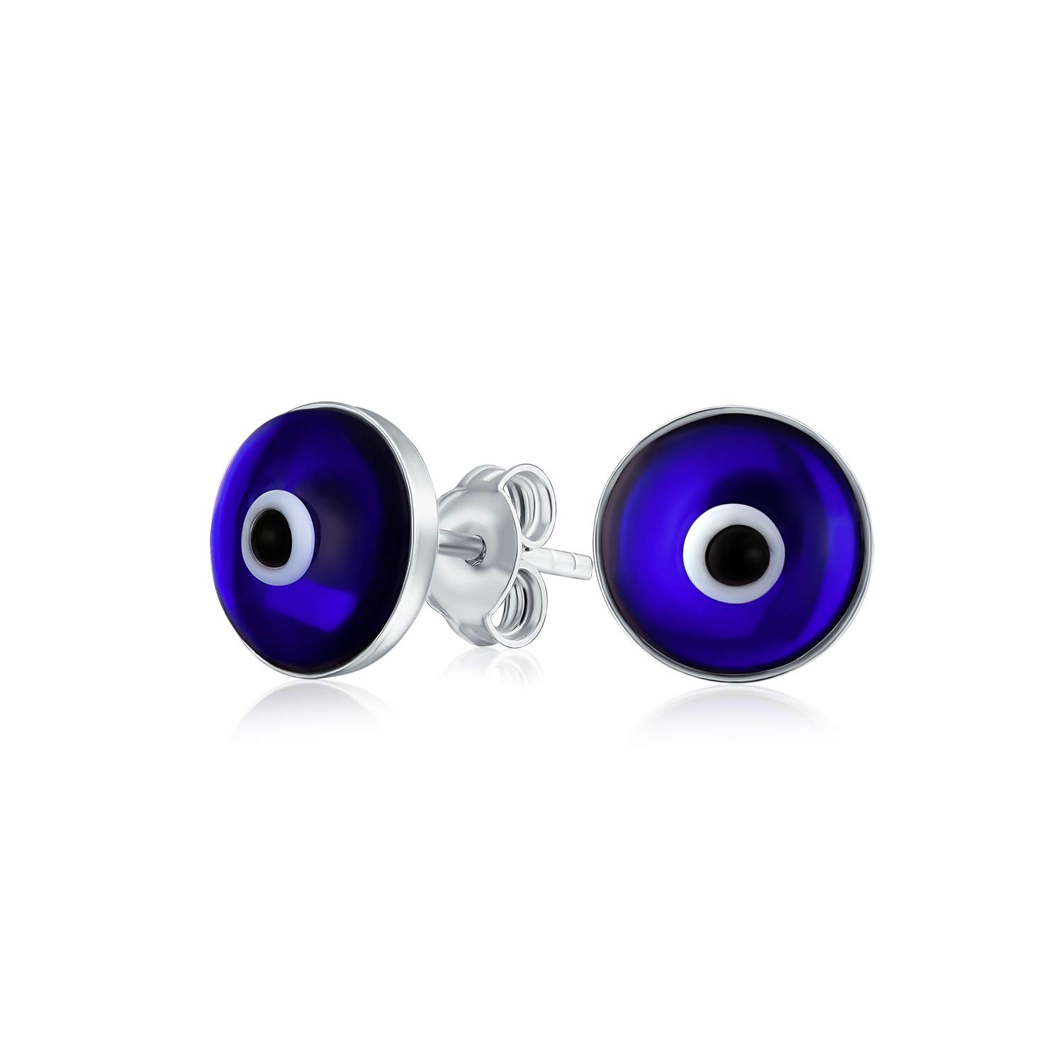 Spiritual Protection Round Navy Blue Nazar Evil Eye Stud Earrings For Women Teen Murano Glass .925 Sterling Silver 9MM Made In Turkey