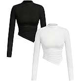 SweatyRocks Women's 2 Pack Long Sleeve Mock Neck Fitted Going Out Ruched Asymmetrical T Shirts Crop Tops