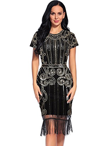 Flapper Girl Women's 1920s Vintage Inspired Sequin Embellished Fringe Gatsby Flapper Dress (XXL, Glam Gold)