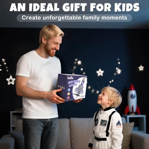 Dreamon Rocket Launcher for Kids with Parachute LED Light, Toy Rocket Space Theme Rechargeable Self-Launching Outdoor Garden Toys for 3 4 5 6 7 8 9 10 Years Old Boys Girls