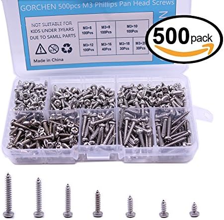 GORCHEN M3 Phillips Pan Head Screws Self Tapping Drilling Screws Assortment Kit with Storage Case Box Stainless Steel 500pcs