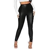 WDIRARA Women's High Waisted PU Leather Leggings Elastic Waist Skinny Pants