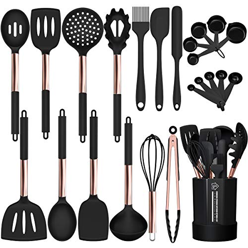Silicone-Cooking-Utensil-Set-Fungun-24pcs-Silicone-Cooking-Kitchen-Utensils-Set-Non-stick-Heat-Resistant-Best-Kitchen-Cookware-with-Copper-Stainless-Steel-Handle-BlackBPA-Free-Non-Toxic
