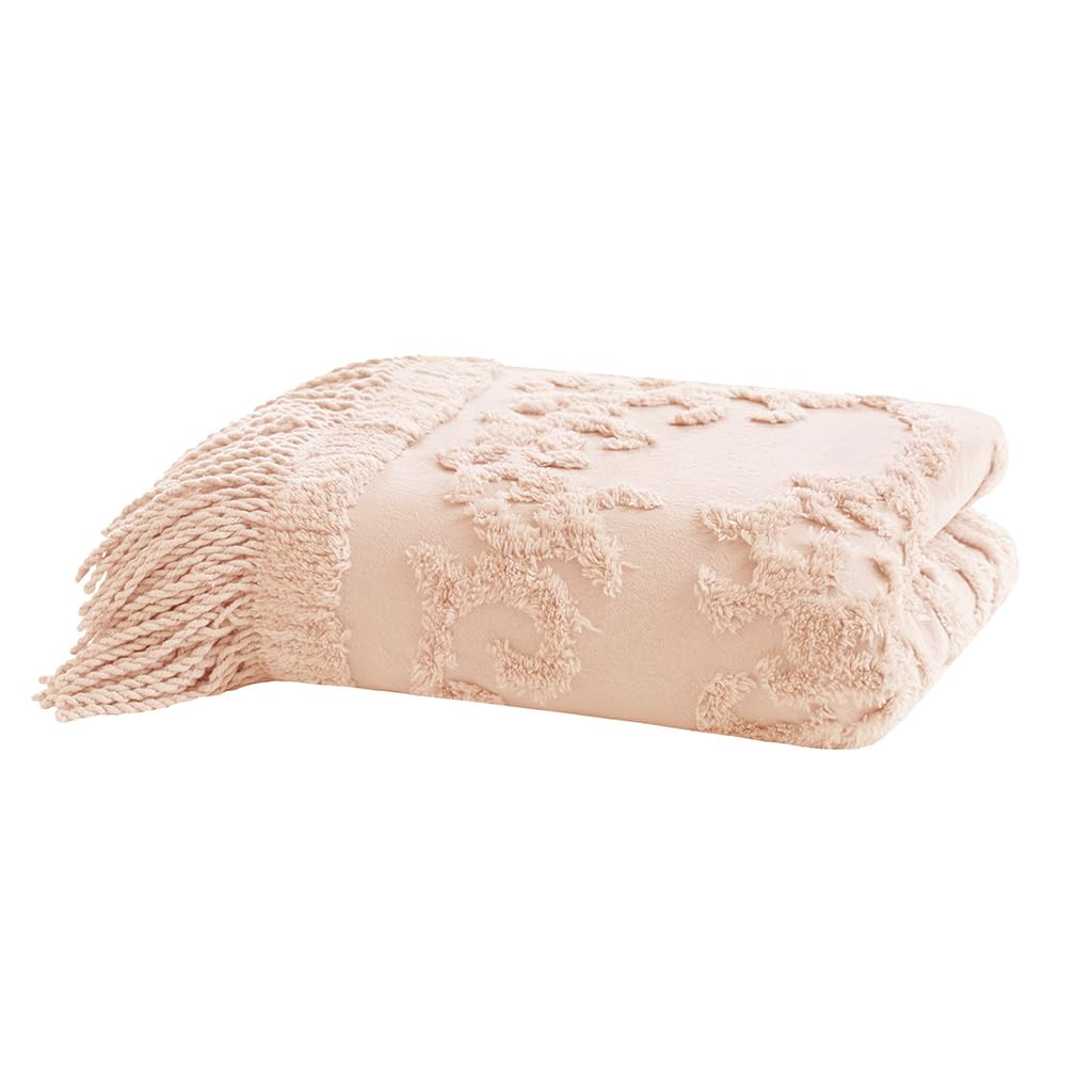 Madison Park 100% Cotton Tufted Chenille Design With Fringe Tassel Luxury Elegant Chic Lightweight, Breathable Cover, Luxe Cottage Room Décor Summer Blanket, 50" x 60", Blush