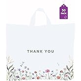 Purple Q Crafts Thank You Bags for Business and Stores 50 Pack 15" W x 12" H Floral Plastic Shopping Bags With Soft Loop Handle