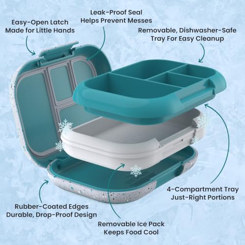 Bentgo® Kids Chill Lunch Box - Confetti Designed Leak-Proof Bento Box & Removable Ice Pack - 4 Compartments, Microwave & Dishwasher Safe, Patented, 2-Year Warranty (Confetti Edition - Truly Teal)