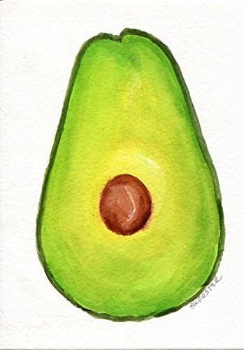 Original Avocado watercolor painting of avocado, 5 x 7 kitchen wall art hand painted one of a kind, not a print