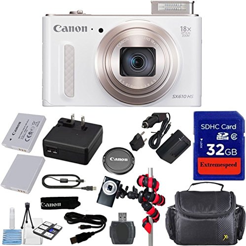 Canon-Powershot-SX610-HS-202MP-Camera-White-with-32GB-Accessory-Bundle-Extra-Replacement-Battery-Original-Accessories-Flexible-Tripod-Carrying-Case-12pc-Bundle-International-Version