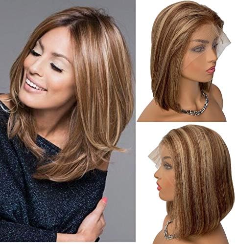 Lace Front Wigs Brazilian Human Hair Omber Wig 8 inch Chestnut Brown Roots Highlights Beige Blonde Balayage 13x4 Pre Plucked Straight and Soft #6T6/18 150% Density for Women