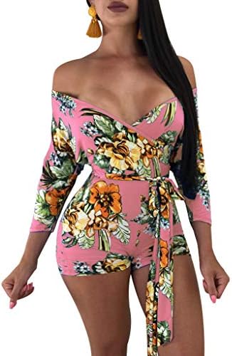Women's Off Shoulder Floral Rompers Shorts Bodycon Jumpsuits with Belt Clubwear