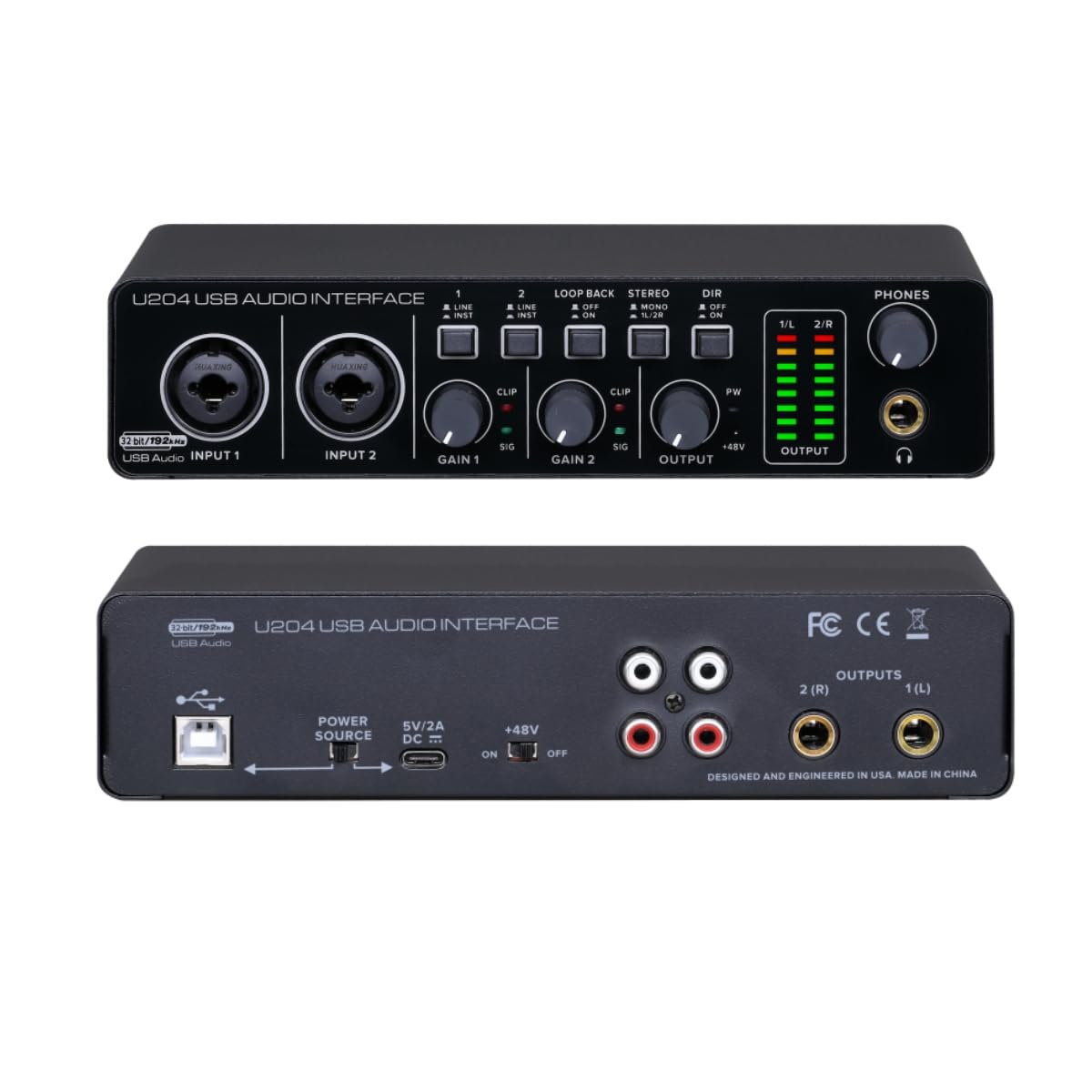 BOMGE U204 USB Audio Interface for PC Computer Recording Music, 2x2 Guitar Audio Interface for Mac 32Bit/192kHz Podcasting Streaming for Vocalist Producer with 48V Phantom