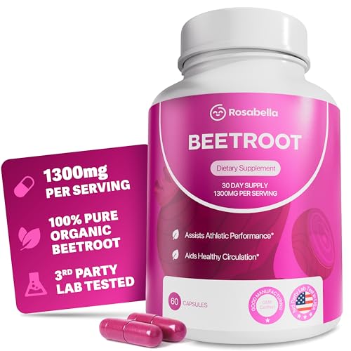 Rosabella Organic Beet Root Capsules - 1300mg Beet Root Powder Aids Healthy Circulation & Vitality, Non-GMO, Beet Root Supplement - 60 Capsules, 30-Day Supply