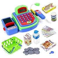 Velocity Toys Toy Cash Register Imagine Multi-functional Educational Pretend Play Battery Operated Toy Cash Register w/Working Calculator and Microphone,Scanner,Money and Credit Card,Groceries(Green)