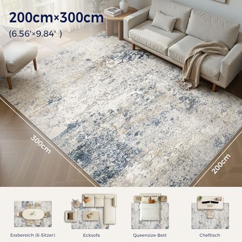 DMOYEST Washable Rugs Living Room 200x300cm - Large Abstract Neutral Modern Soft Non Slip Low Pile Kid Pet Friendly Carpet for Bedroom Dining Home Office - Beige/Blue