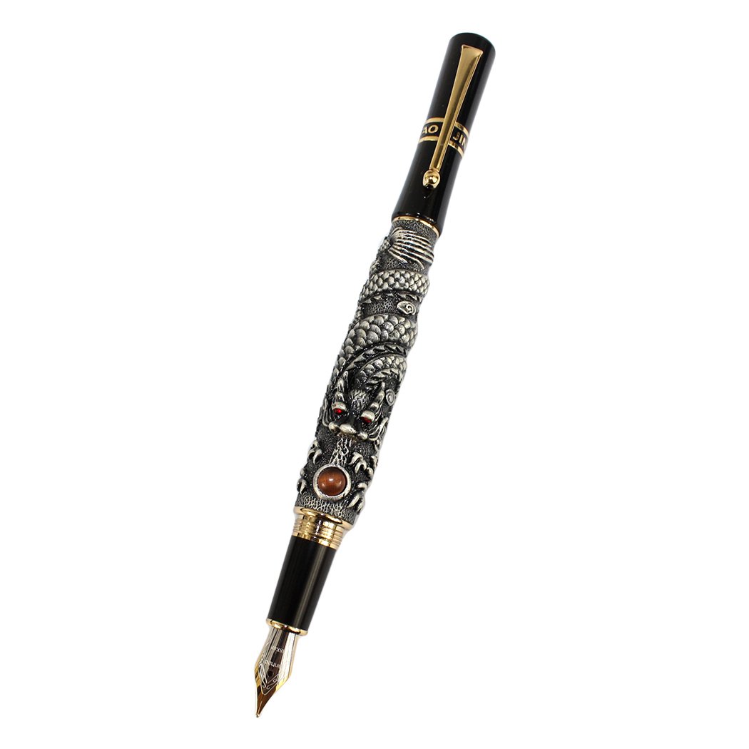 Gullor Fountain Pen Flying Dragon with Precious Stone Silver Medium Nib - Grey