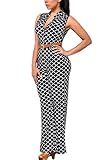 Roswear Women's Sexy Plunge V Neck Belted Wide Leg Jumpsuits Dress Lattice Print X-Large