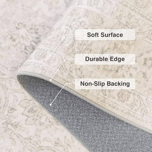 Fmfunctex 9x12 Washable Area Rug Neutral Beige Vintage Distressed Oriental Non Slip Low Pile Floral Rug Cream Traditional Soft Thin Retro Tapis Salon Indoor Carpet for Living Room Bedroom Dining Room